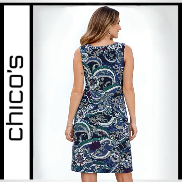 NWOT Chico’s Sleeveless Paisley Print Shift Dress Blue Green Stretch Size 3 - Picture 2 of 15